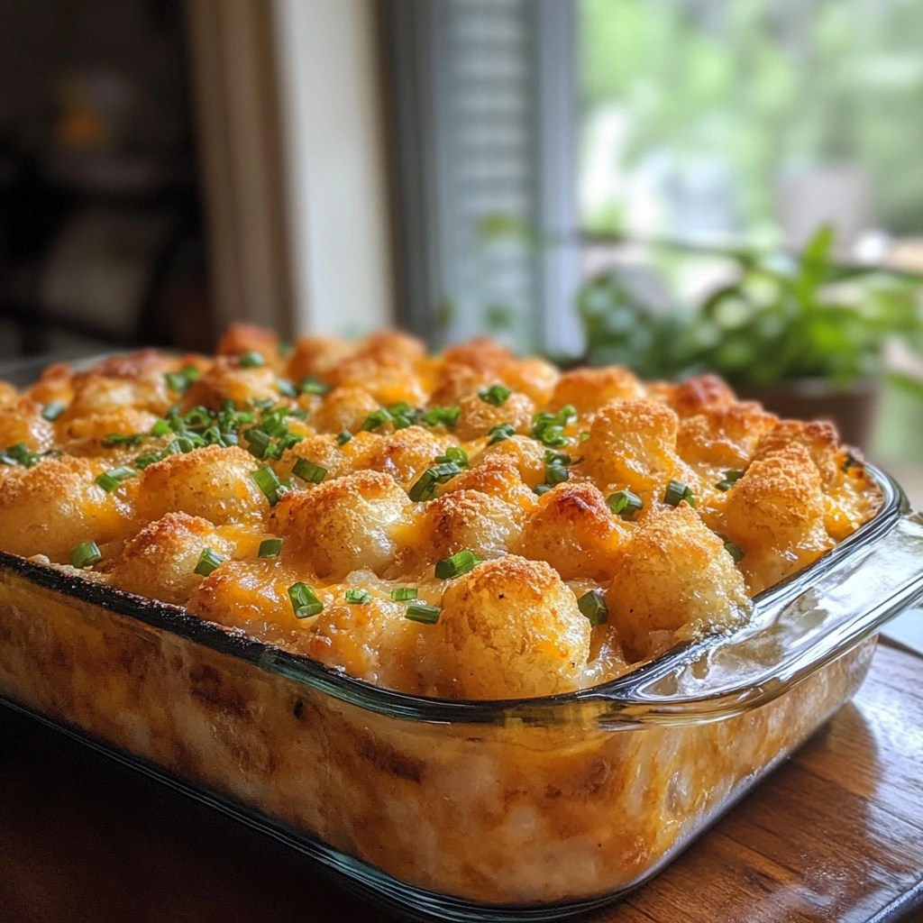 Close-up of a serving of ranch tater tot casserole with golden crispy tater tots, creamy filling, and melted cheese oozing between layers.