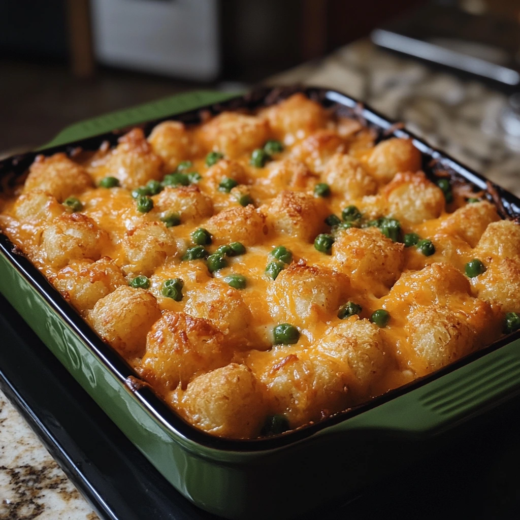 Overhead view of ranch tater tot casserole baked in a glass dish, topped with crispy tater tots, gooey cheese, and herbs.
