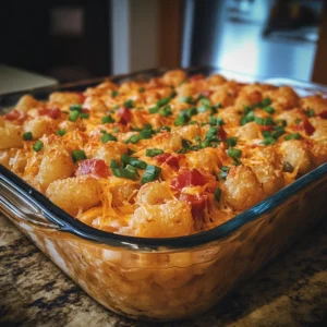 Baked ranch tater tot casserole with a golden crust of tater tots, melted cheese, and creamy filling peeking through the edges.