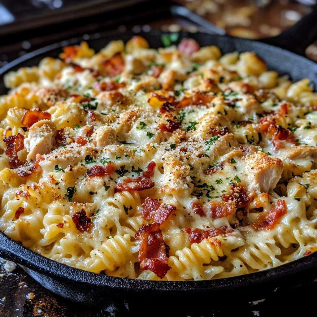 Hearty serving of cheesy chicken bacon ranch pasta in a white bowl, topped with melted cheese, crispy bacon, and herbs.
