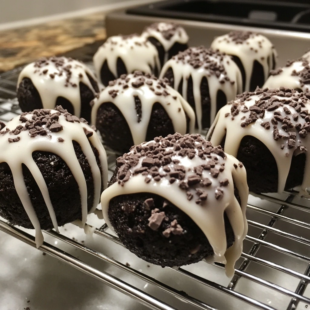 Chocolate Oreo balls topped with white chocolate drizzle and crushed chocolate bits, resting on a cooling rack.