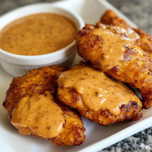 A small dipping bowl filled with creamy Chick-fil-A Sauce, surrounded by golden waffle fries and crispy chicken nuggets.