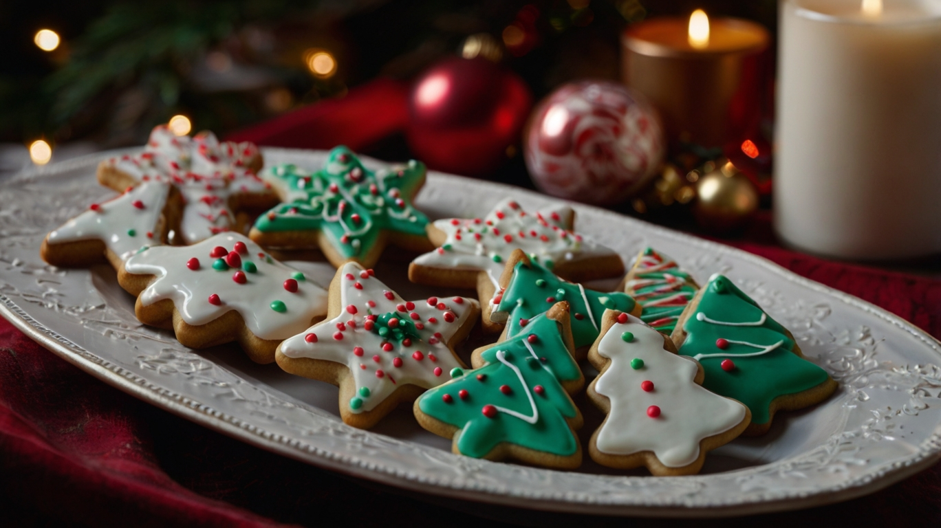 A festive assortment of Christmas cookies shaped like stars, trees, and candy canes, intricately decorated with green, red, and white icing, arranged on an elegant white platter. The background features glowing candles, holiday ornaments, and evergreen branches for a warm, cozy holiday ambiance.