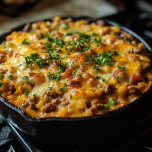 A hearty cowboy casserole served in a baking dish, topped with golden tater tots, melted cheese, and fresh herbs over a creamy beef and corn filling.