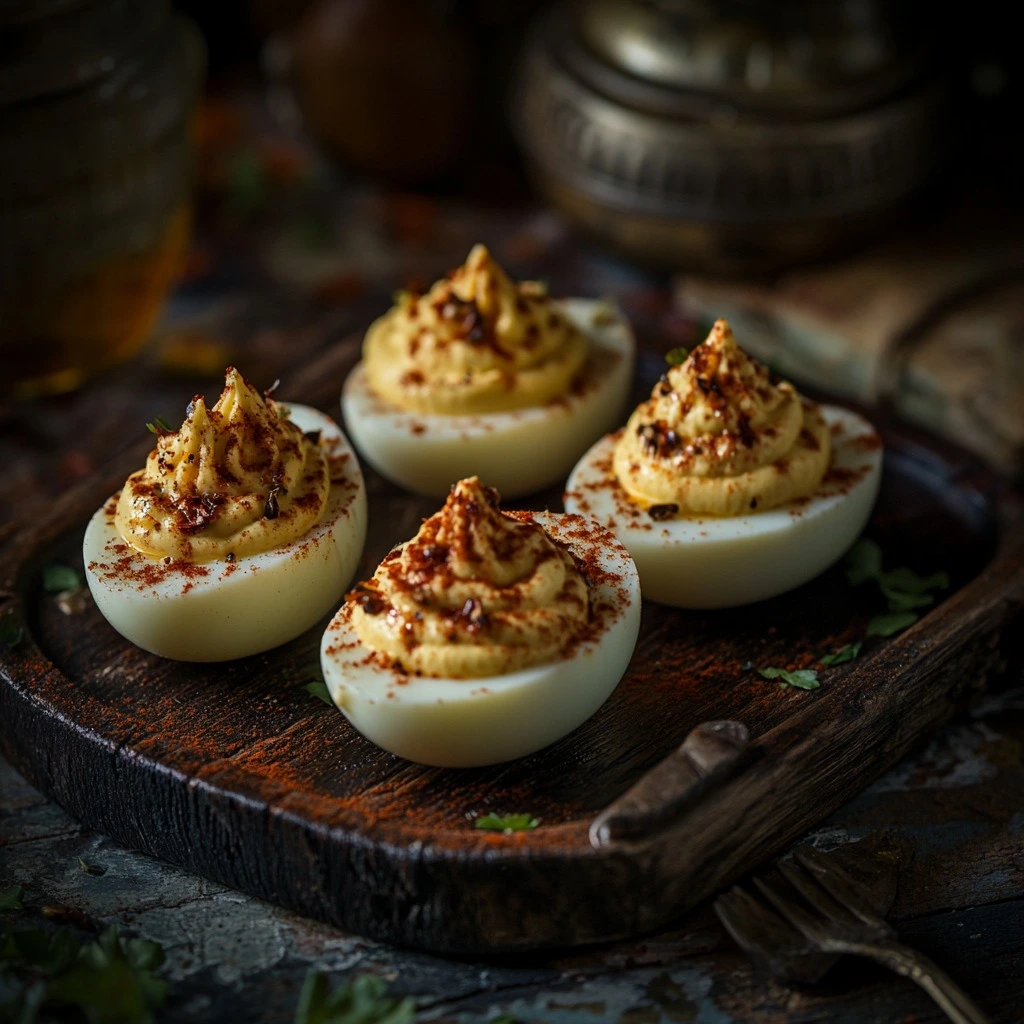 Four deviled eggs elegantly presented on a rustic wooden tray, topped with creamy yolk filling, sprinkled paprika, and herbs