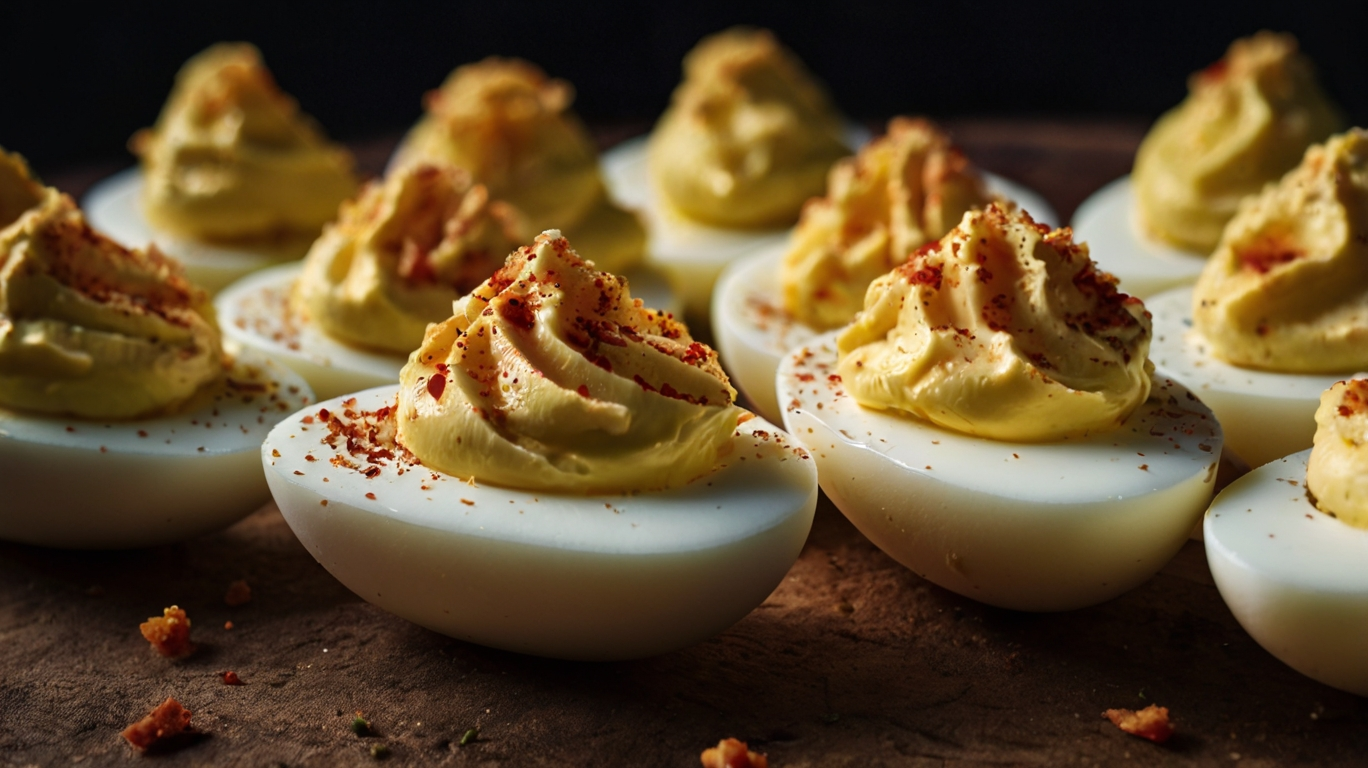 Close-up of creamy deviled eggs topped with paprika on a rustic wooden surface