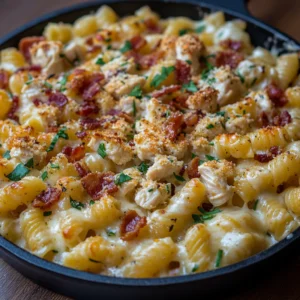 Steaming hot cheesy chicken bacon ranch pasta on a plate, with layers of melted cheese, golden bacon, and creamy sauce.