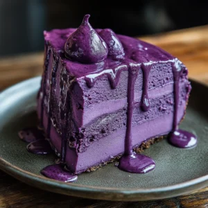 Delicate purple sweet potato tart topped with a swirl of whipped coconut cream and a dusting of powdered sugar, placed on a ceramic plate with gold cutlery.