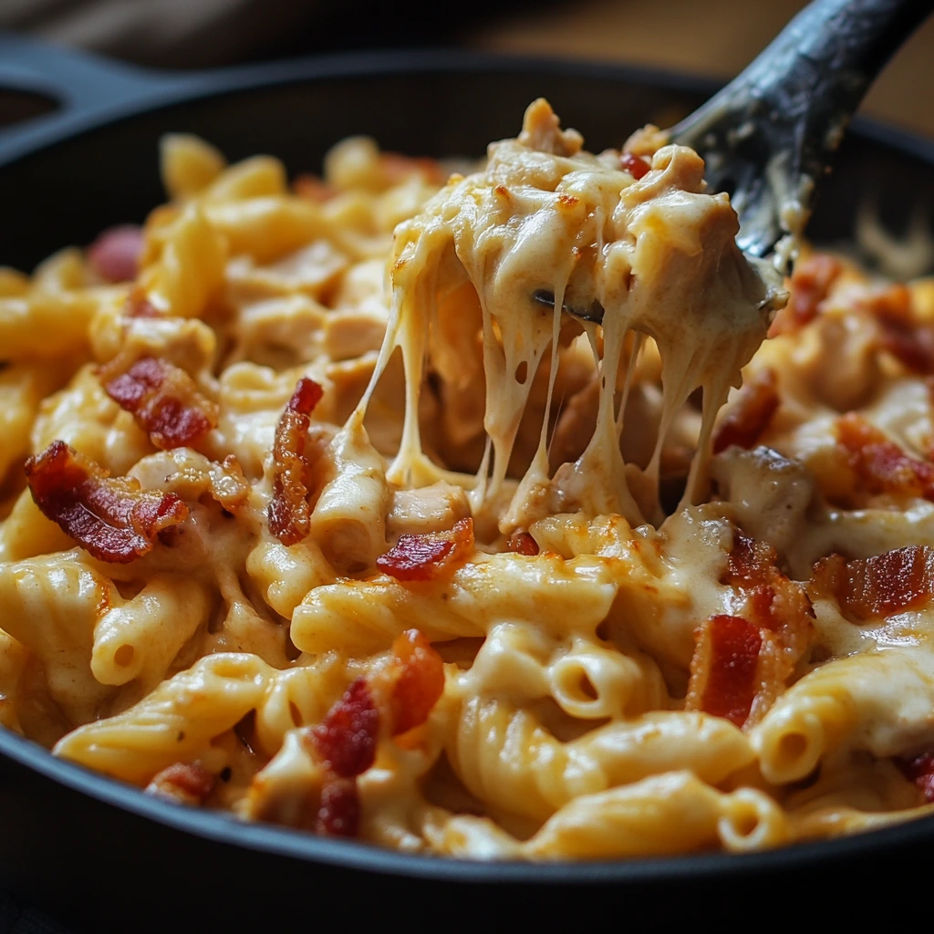 A bowl of cheesy chicken bacon ranch pasta topped with crispy bacon bits, melted cheese, and fresh parsley.