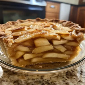 A beautifully baked apple pie with a decorative leaf-pattern crust, golden and glossy, filled with tender apple slices and cinnamon, placed on a white serving platter with autumn leaves in the background.