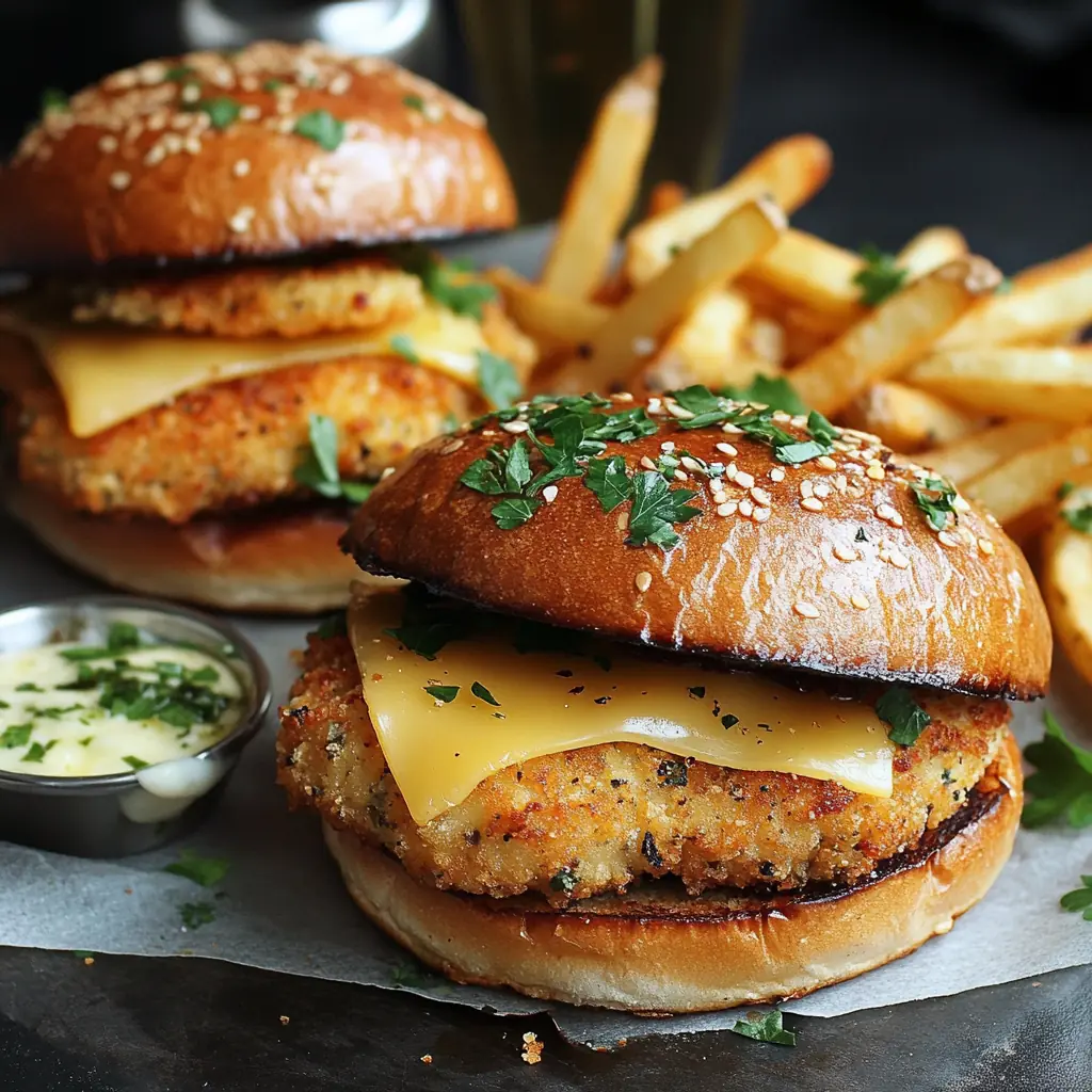 Crispy Chicken Burgers with Cheese and Fries