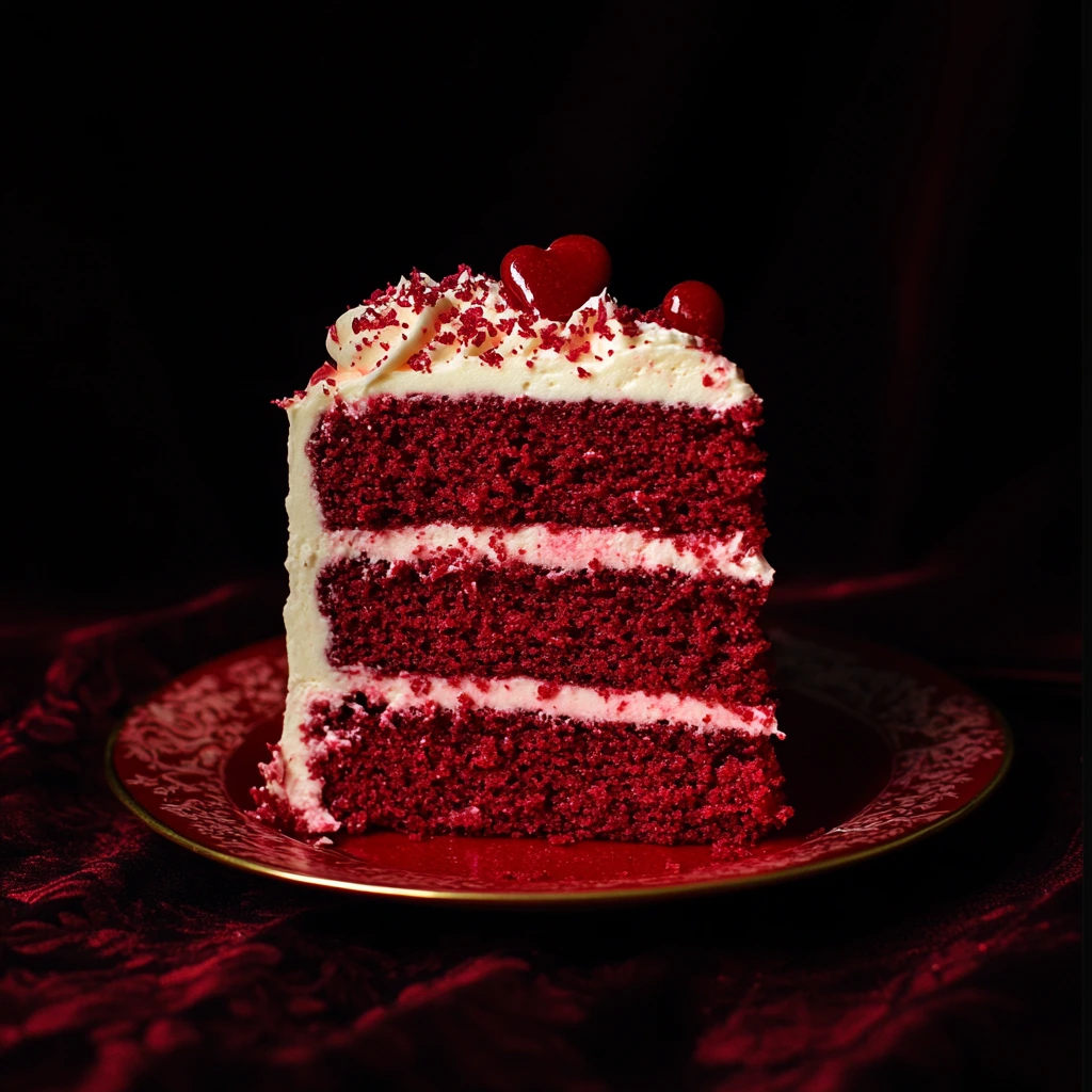 A tall slice of red velvet cake with vibrant red layers and creamy white frosting, garnished with cake crumbs and served on a white plate.