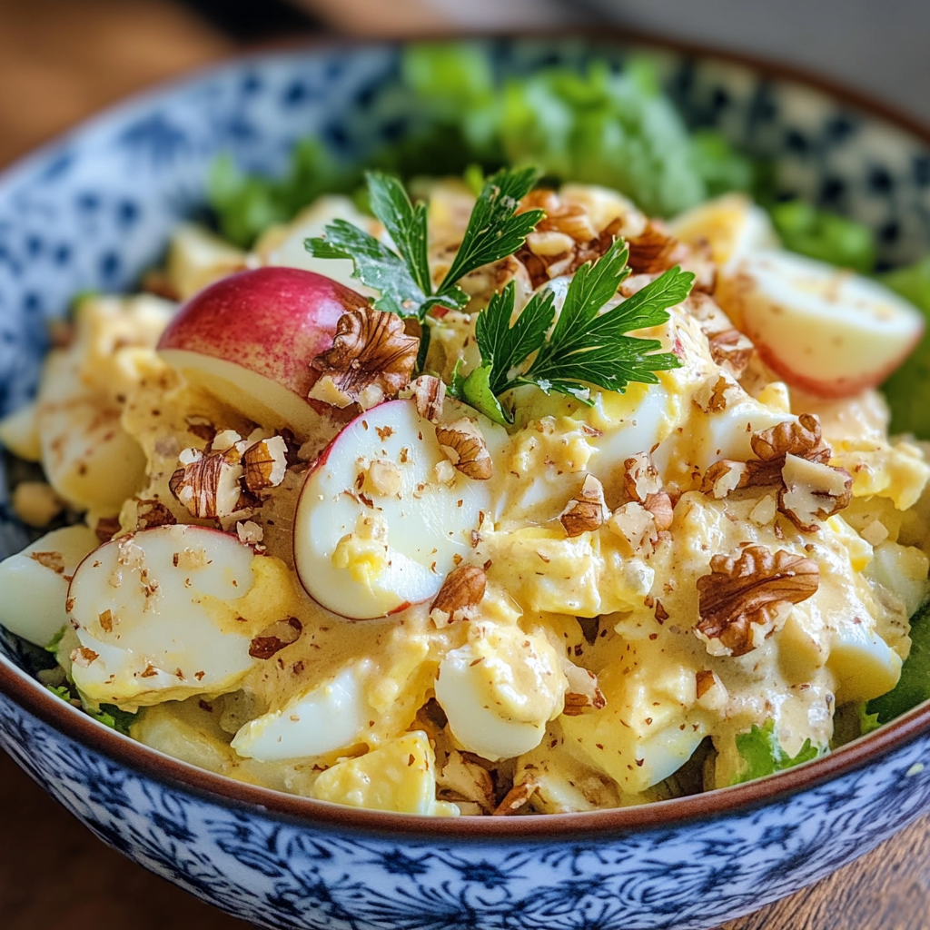 A creamy apple and walnut egg salad served in a bowl, garnished with fresh herbs and surrounded by slices of apple and toasted walnuts.