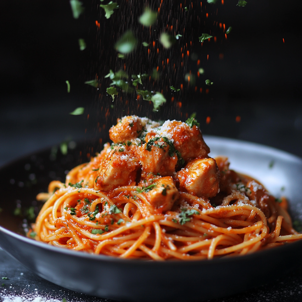 A plate of spaghetti with tender, golden-brown grilled chicken slices on top, coated in a rich and flavorful marinara sauce. The dish is garnished with fresh basil leaves and a generous sprinkle of grated parmesan cheese. Served on a rustic wooden table with a side of garlic bread, a glass of red wine, and a cozy candlelit ambiance in the background