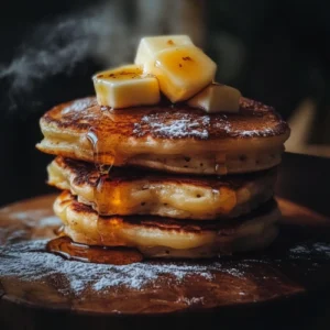 A fluffy stack of classic pancakes with a pat of butter melting on top, drizzled with maple syrup, and garnished with fresh strawberries and blueberries on the side.