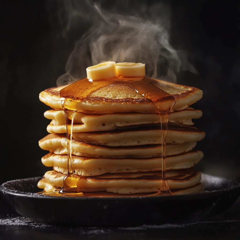 A stack of classic fluffy pancakes topped with melted butter and drizzled with golden maple syrup, served on a white plate with fresh berries on the side.