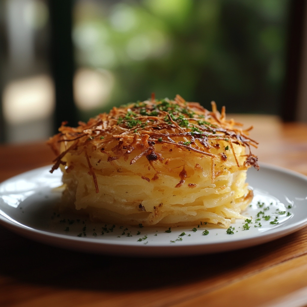 A golden-brown Potato Kugel, fresh out of the oven, with crispy edges and a tender, flavorful center, served in a rustic baking dish.