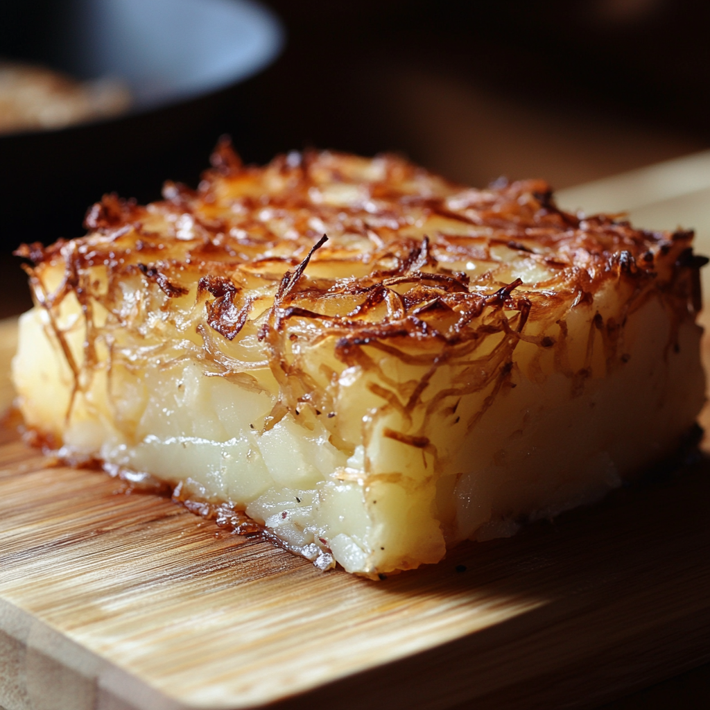 A beautifully golden, crispy Potato Kugel fresh from the oven, served in a rustic dish with a perfectly crisp crust and soft interior.