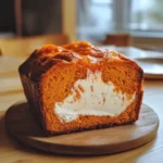 A freshly baked loaf of cream cheese-filled pumpkin bread, sliced to reveal its creamy center, placed on a rustic wooden board with autumn leaves and cinnamon sticks nearby.