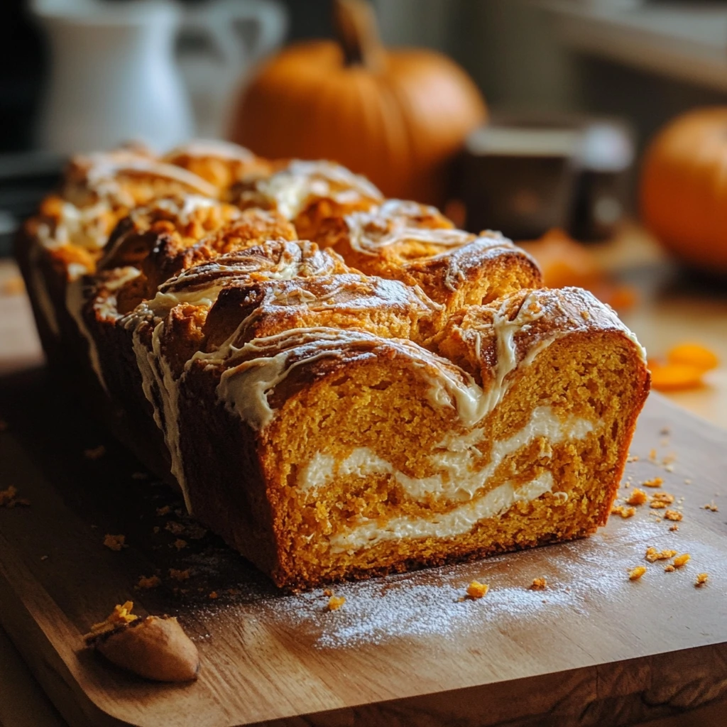 A moist slice of cream cheese-filled pumpkin bread, with a rich, creamy center and a golden-brown crust, dusted with cinnamon.