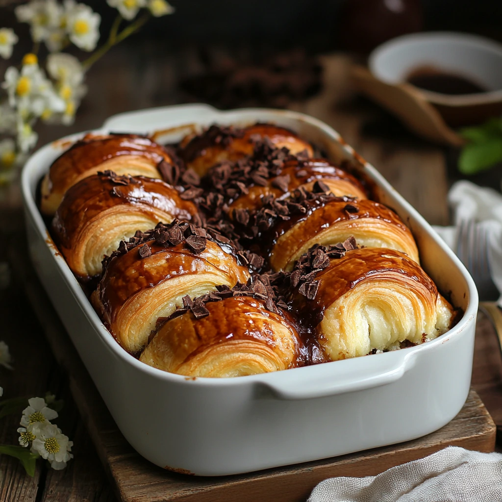 A flaky and golden chocolate croissant filled with rich, melted chocolate, dusted with powdered sugar, sitting on a plate with a cup of coffee