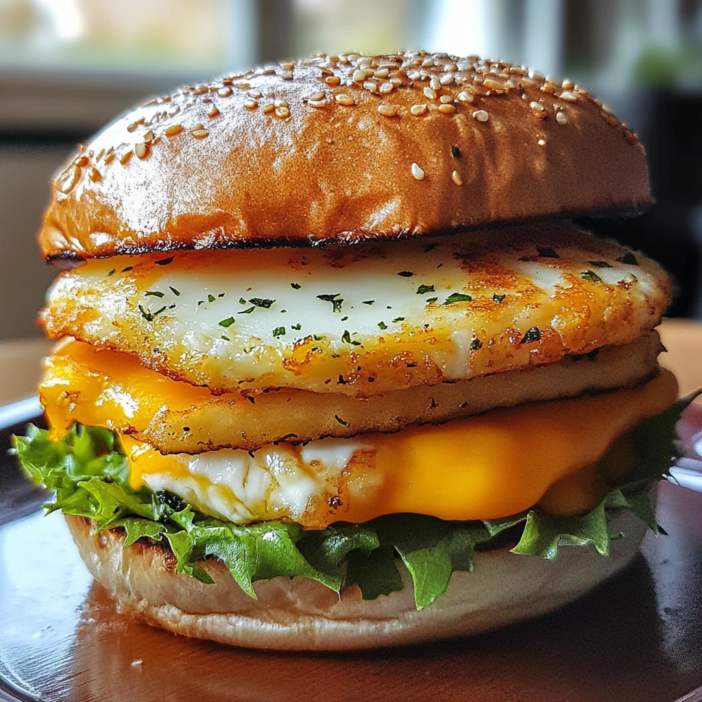 A delicious Egg & Halloumi Burger with golden, crispy halloumi cheese, a sunny-side-up egg, fresh lettuce, and a soft brioche bun, served with a side of crispy fries.