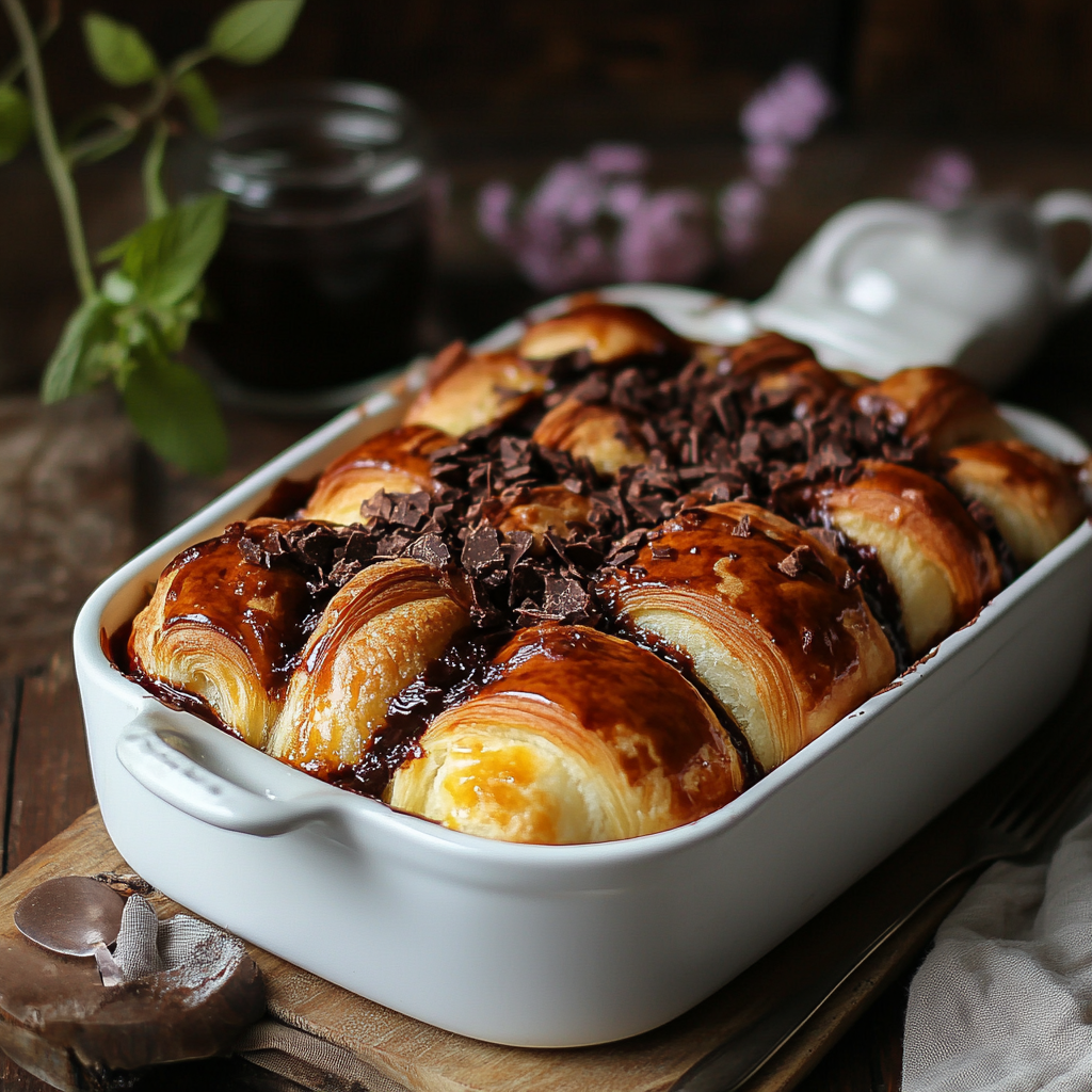 A golden, flaky Chocolate Croissant Breakfast Bake fresh out of the oven, with melted chocolate oozing between layers of buttery croissants, dusted with powdered sugar