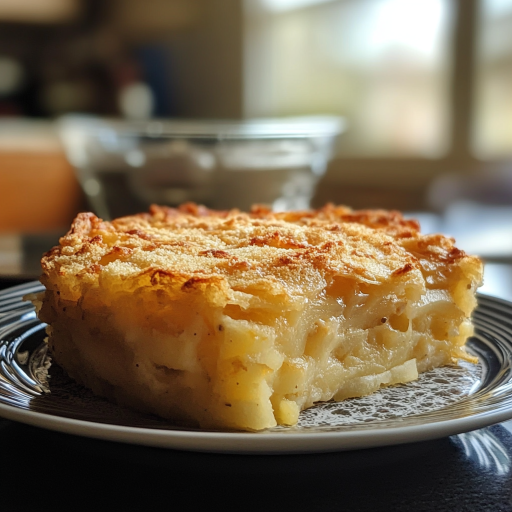 A beautifully baked Potato Kugel, golden brown and crispy on top, served in a rustic dish with a side of fresh herbs.