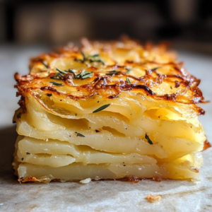 A golden-brown, crispy-edged Potato Kugel served in a baking dish, with a tender and fluffy interior, garnished with fresh herbs