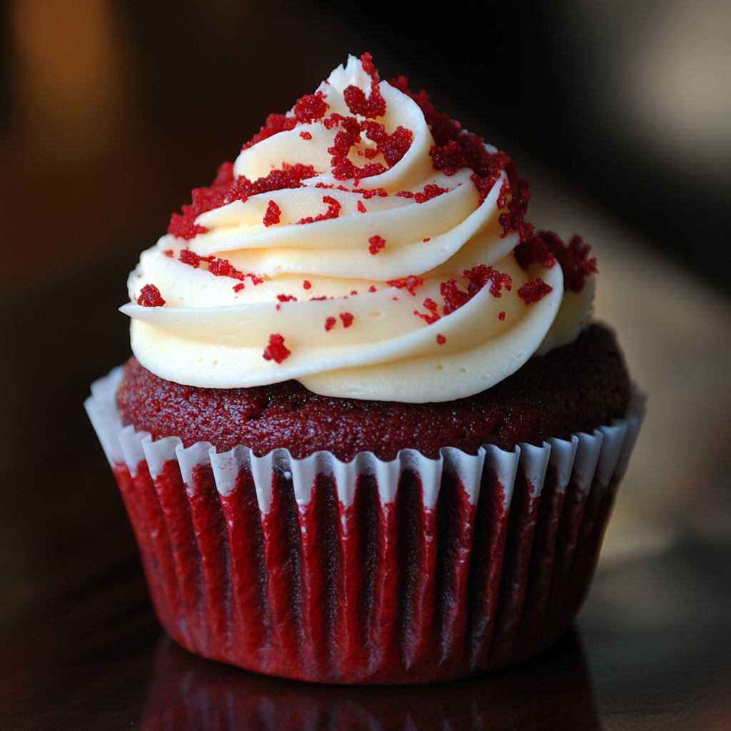 A beautifully arranged plate of Red Velvet Cupcakes, topped with rich cream cheese frosting and garnished with red velvet crumbs for a stunning finish.