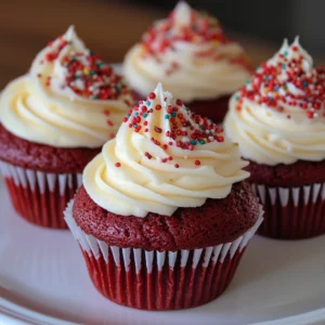 Freshly baked Red Velvet Cupcakes with a deep red color, topped with smooth cream cheese frosting and a sprinkle of red velvet crumbs.