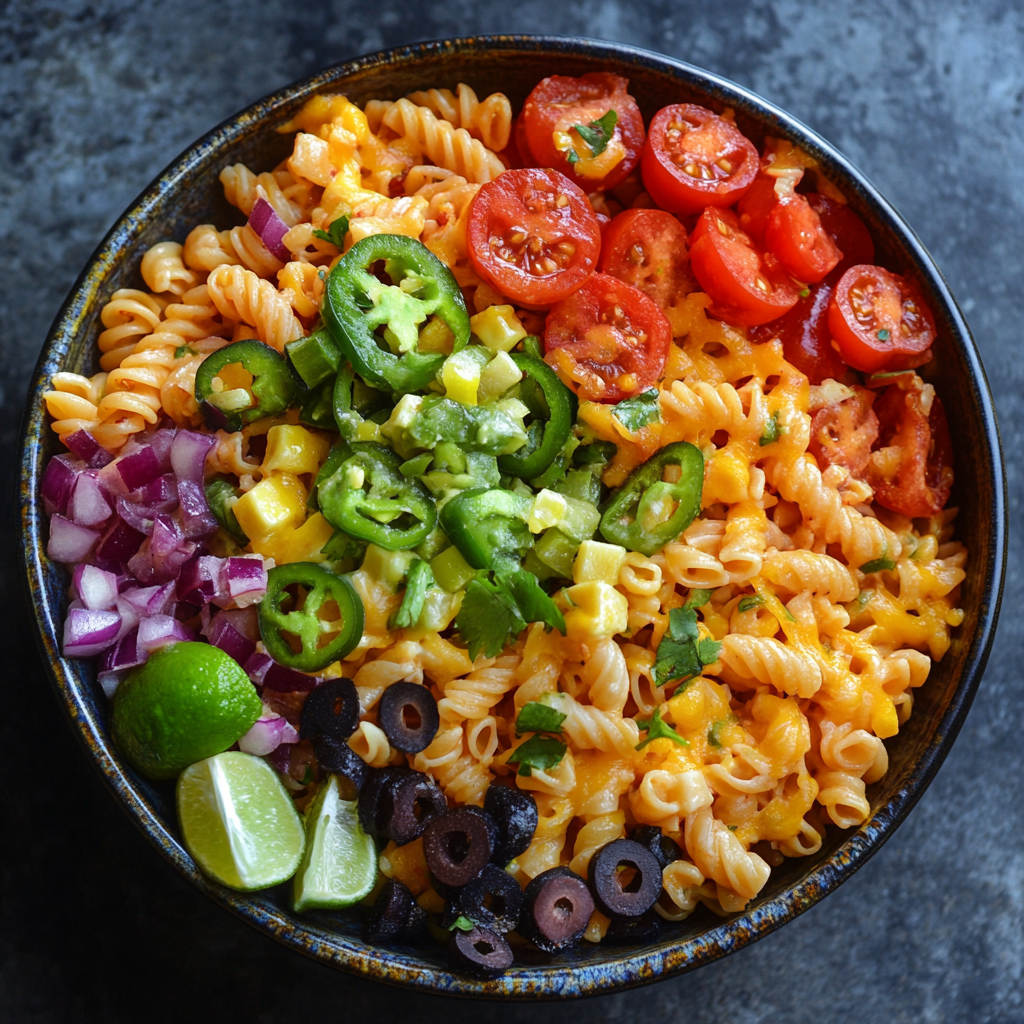 A colorful bowl of Mexican pasta salad filled with spiral pasta, black beans, corn, diced tomatoes, bell peppers, red onions, and avocado, all tossed in a creamy, tangy dressing. Topped with fresh cilantro, cotija cheese, and lime wedges for the perfect finishing touch.