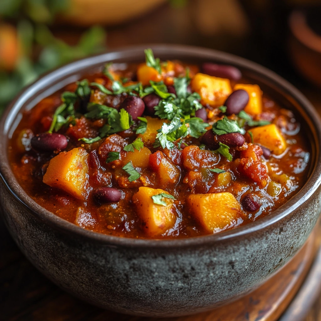 A steaming bowl of butternut squash chili with chunks of golden squash, black beans, tomatoes, and a rich, spiced broth, topped with fresh cilantro and avocado slices.