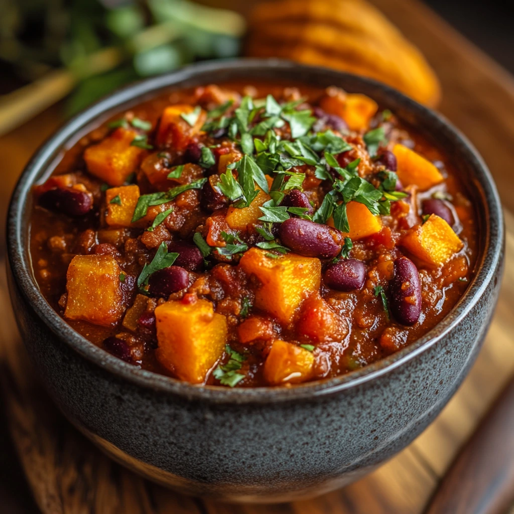 A hearty bowl of butternut squash chili filled with vibrant orange squash, red kidney beans, black beans, tomatoes, and a rich, spiced broth, garnished with fresh cilantro and avocado slices.