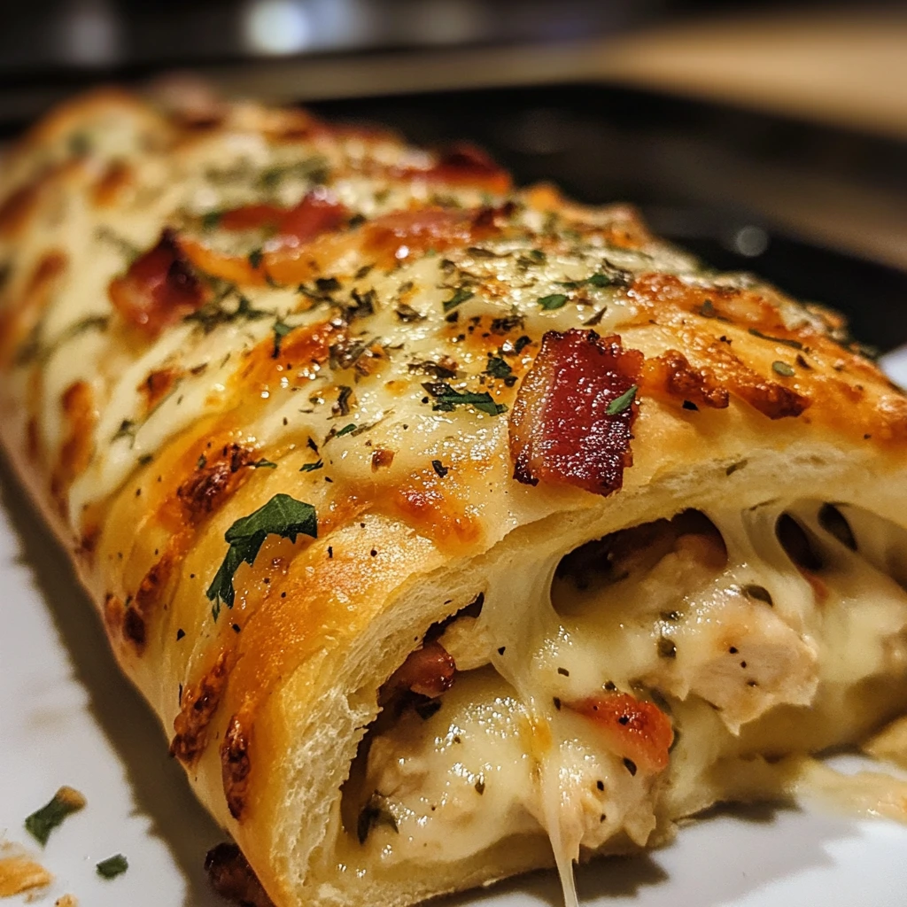 A golden-brown, crispy homemade Chicken Bacon Ranch Stromboli, sliced open to reveal gooey melted cheese, tender chicken, crispy bacon, and creamy ranch sauce, served with a side of ranch for dipping.