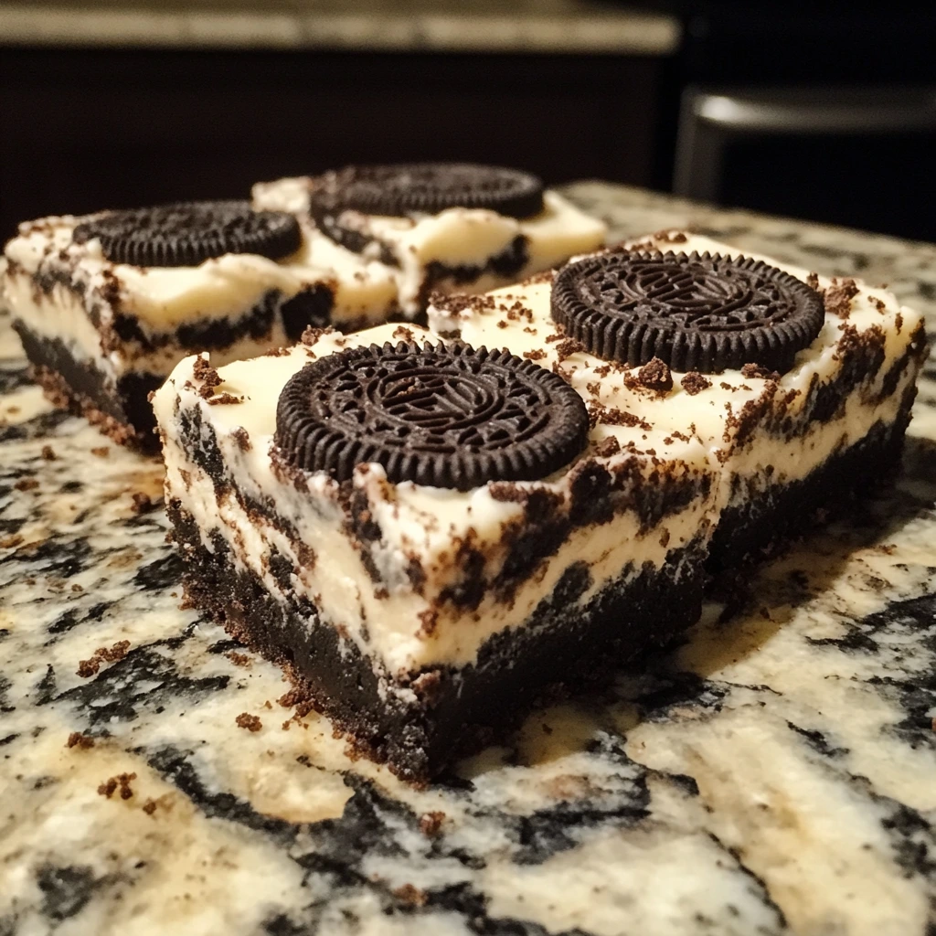 A batch of Homemade Oreo Cheesecake Cookie Bars, featuring a chewy chocolate chip cookie base, a creamy cheesecake layer, and crushed Oreos sprinkled on top, cut into squares and ready to serve.