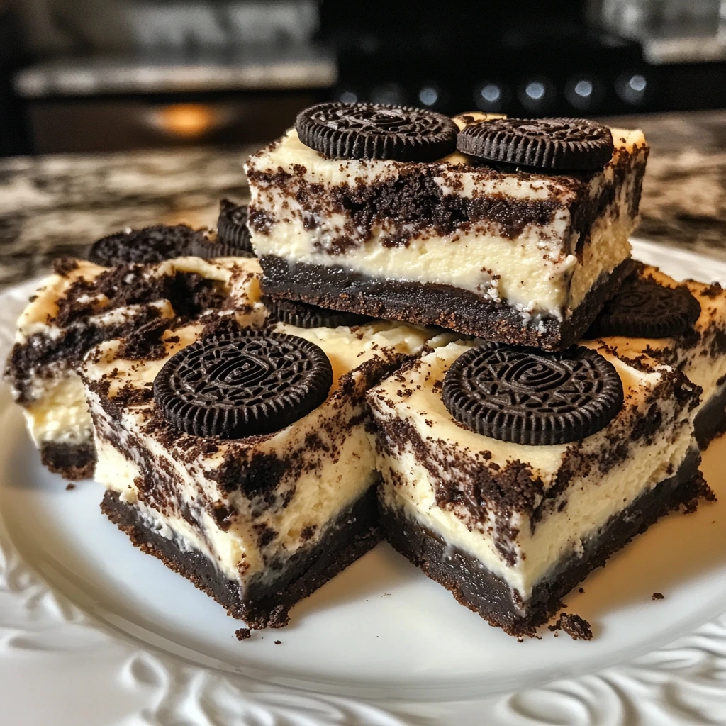 A batch of Homemade Oreo Cheesecake Cookie Bars, featuring a rich chocolate chip cookie base, a creamy cheesecake layer, and crushed Oreo cookies on top, cut into squares and served on a white plate