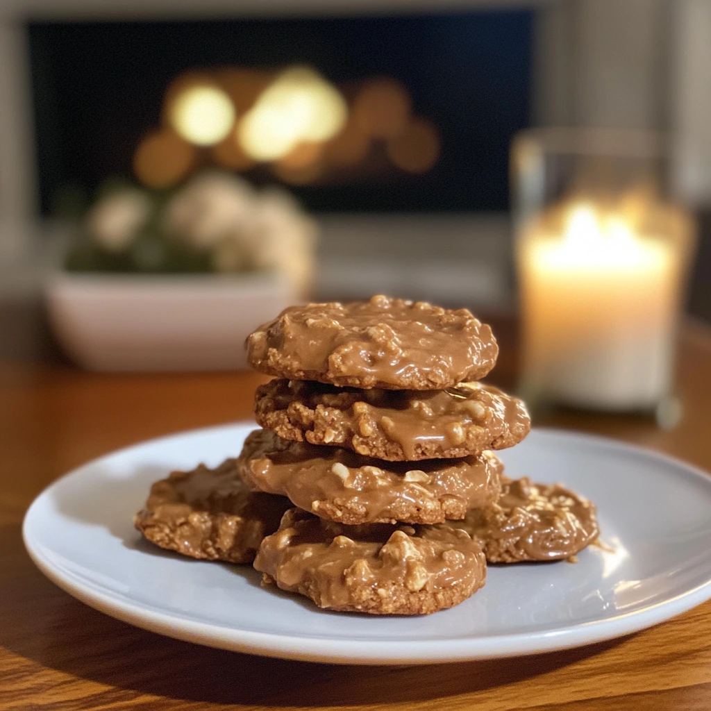 A batch of peanut butter no-bake cookies with a soft, chewy texture, placed on parchment paper. The cookies have a golden, nutty sheen, with a spoonful of peanut butter and scattered oats nearby