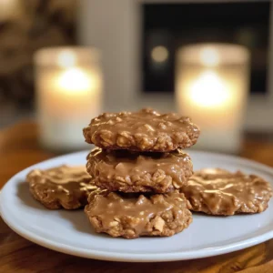 A close-up of peanut butter no-bake cookies, showing their chewy texture and rich, golden color. The cookies are stacked on a rustic wooden board with a drizzle of peanut butter on top and scattered oats around them