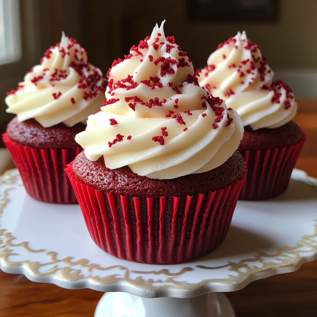 Close-up of Red Velvet Cupcakes, featuring a rich red cake base topped with smooth, creamy cream cheese frosting and a sprinkle of red velvet crumbs.