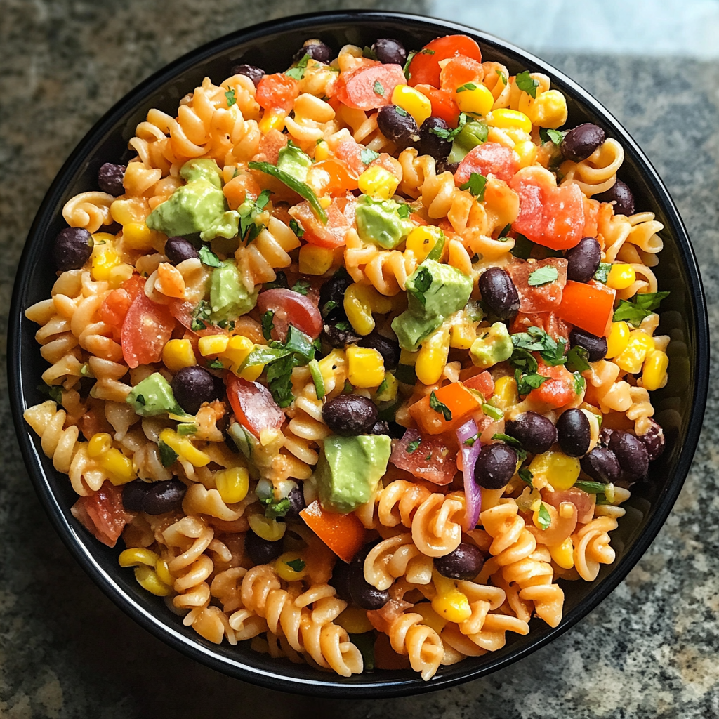 A vibrant bowl of Mexican pasta salad filled with colorful ingredients like rotini pasta, black beans, corn, cherry tomatoes, bell peppers, red onions, and fresh cilantro, all tossed in a creamy, zesty dressing. Garnished with lime wedges and crumbled cotija cheese for an extra burst of flavor.