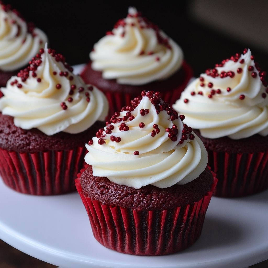 A batch of freshly baked Red Velvet Cupcakes with vibrant red cake, topped with smooth, creamy cream cheese frosting and a sprinkle of red crumbs for a classic finish