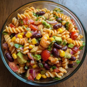 A colorful bowl of Mexican pasta salad featuring rotini pasta, black beans, sweet corn, cherry tomatoes, bell peppers, red onion, and avocado, all tossed in a zesty lime dressing and topped with fresh cilantro and crumbled cheese.