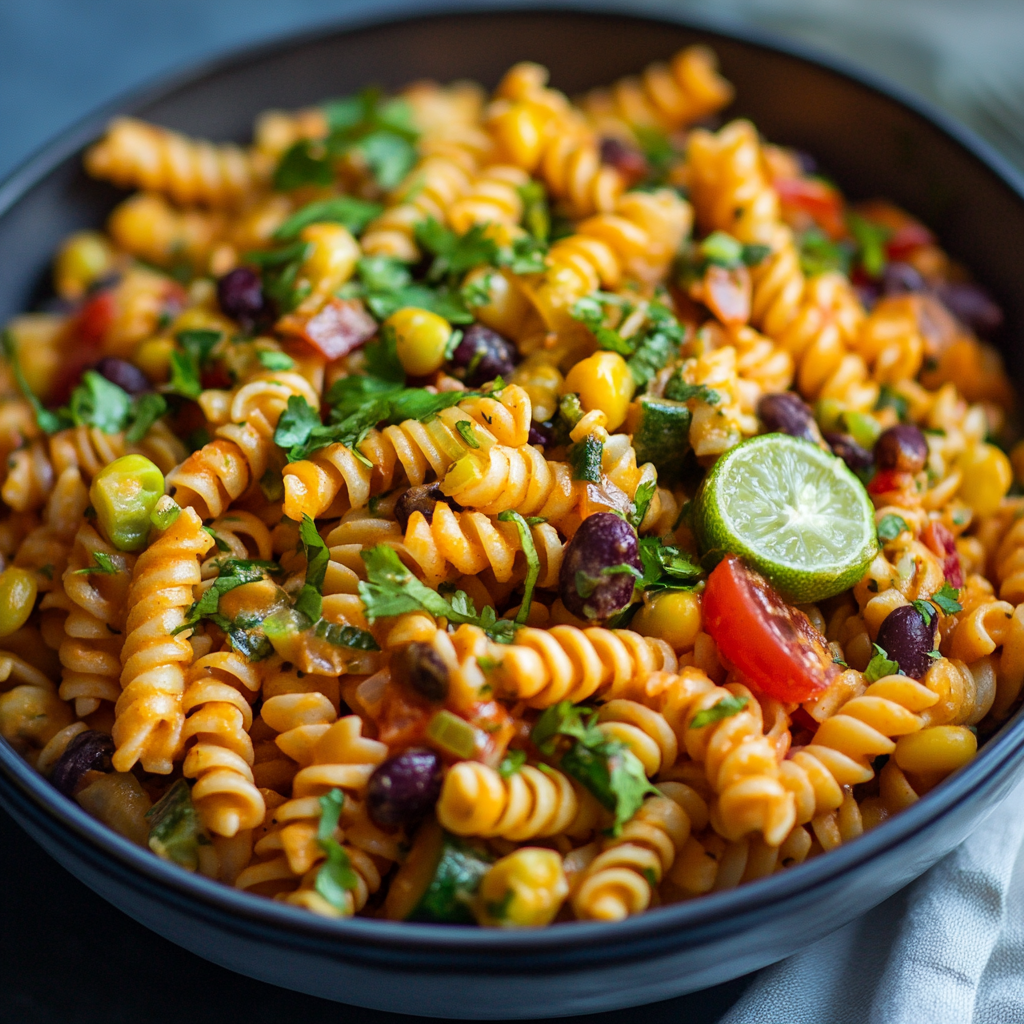 A vibrant bowl of Mexican pasta salad filled with tri-color rotini pasta, black beans, corn, cherry tomatoes, diced bell peppers, red onion, and avocado, tossed in a creamy lime dressing and topped with fresh cilantro and crumbled cotija cheese.