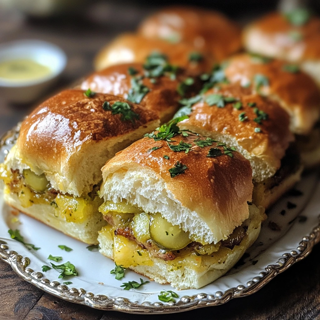 A delicious batch of Pickle-Garlic Butter Cuban Inspired Pull-Apart Sliders, filled with ham, Swiss cheese, and pickles, brushed with garlic butter, and baked to golden perfection.