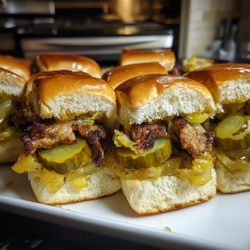 Cheesy, golden Pickle-Garlic Butter Cuban Inspired Pull-Apart Sliders, filled with ham, Swiss cheese, and pickles, topped with a buttery garlic glaze.