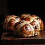 A close-up of freshly baked hot cross buns, golden brown with a shiny glaze, topped with a white icing cross, and served on a rustic wooden board.