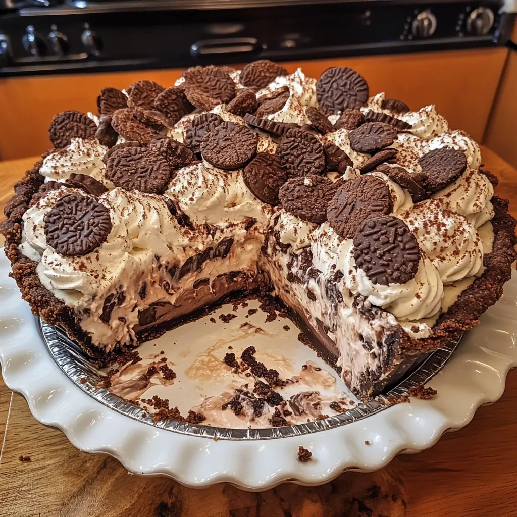 A luscious slice of Nutella cookies and cream pie with a dark cookie crust, creamy Nutella layer, topped with whipped cream and crumbled chocolate cookies.