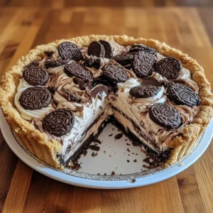 Close-up of a Nutella cookies and cream pie, showcasing its thick Oreo crust, velvety Nutella filling, fluffy whipped topping, and sprinkled cookie crumbs.