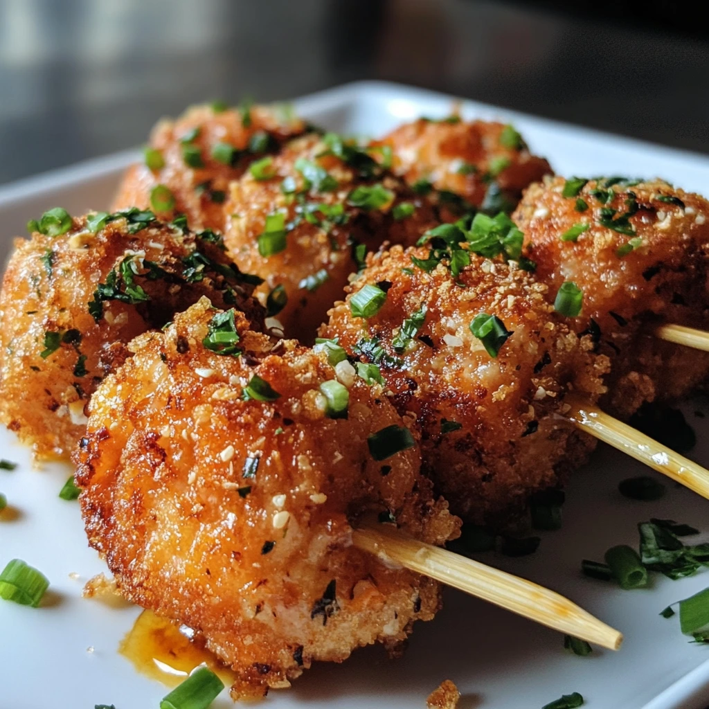 A plate of golden, crispy Bang Bang Salmon Bites drizzled with a creamy, spicy sauce and garnished with fresh herbs, served with a side of dipping sauce.